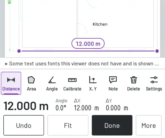 A length measured along a wall of the sample house, shown on the line and in the bar.
