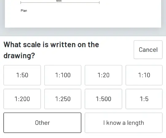 The question What scale is written on the drawing?, with 1:50, 1:100 and other scales to tap.