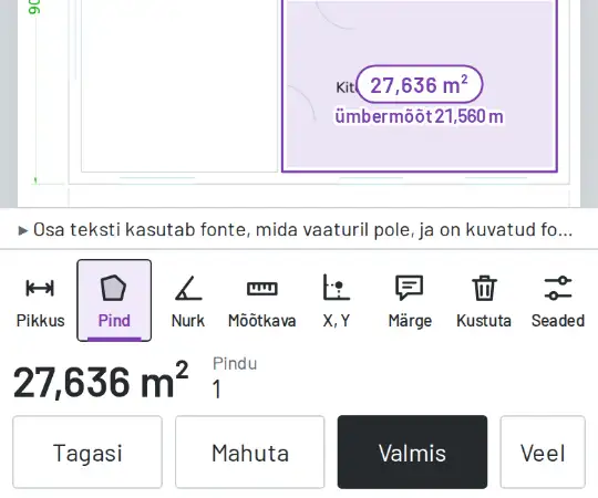 Näidismaja köök täidetuna, selle pindala ja ümbermõõduga.