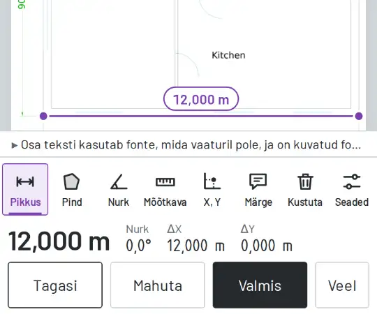 Näidismaja seina pikkus, mõõdetud ja näidatud joonel ning all ribal.
